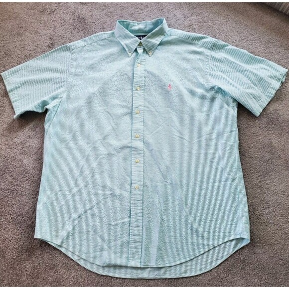 Ralph Lauren Shirt Mens Extra Large Blue Button Up short Sleeve Seersucker - Picture 2 of 9